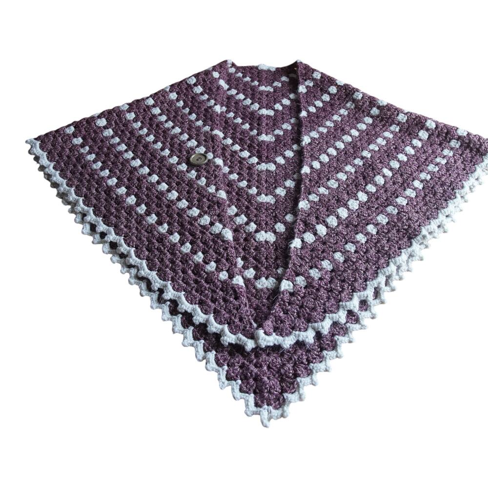 Handmade Crochet Poncho Shawl Purple White Scalloped Cottagecore